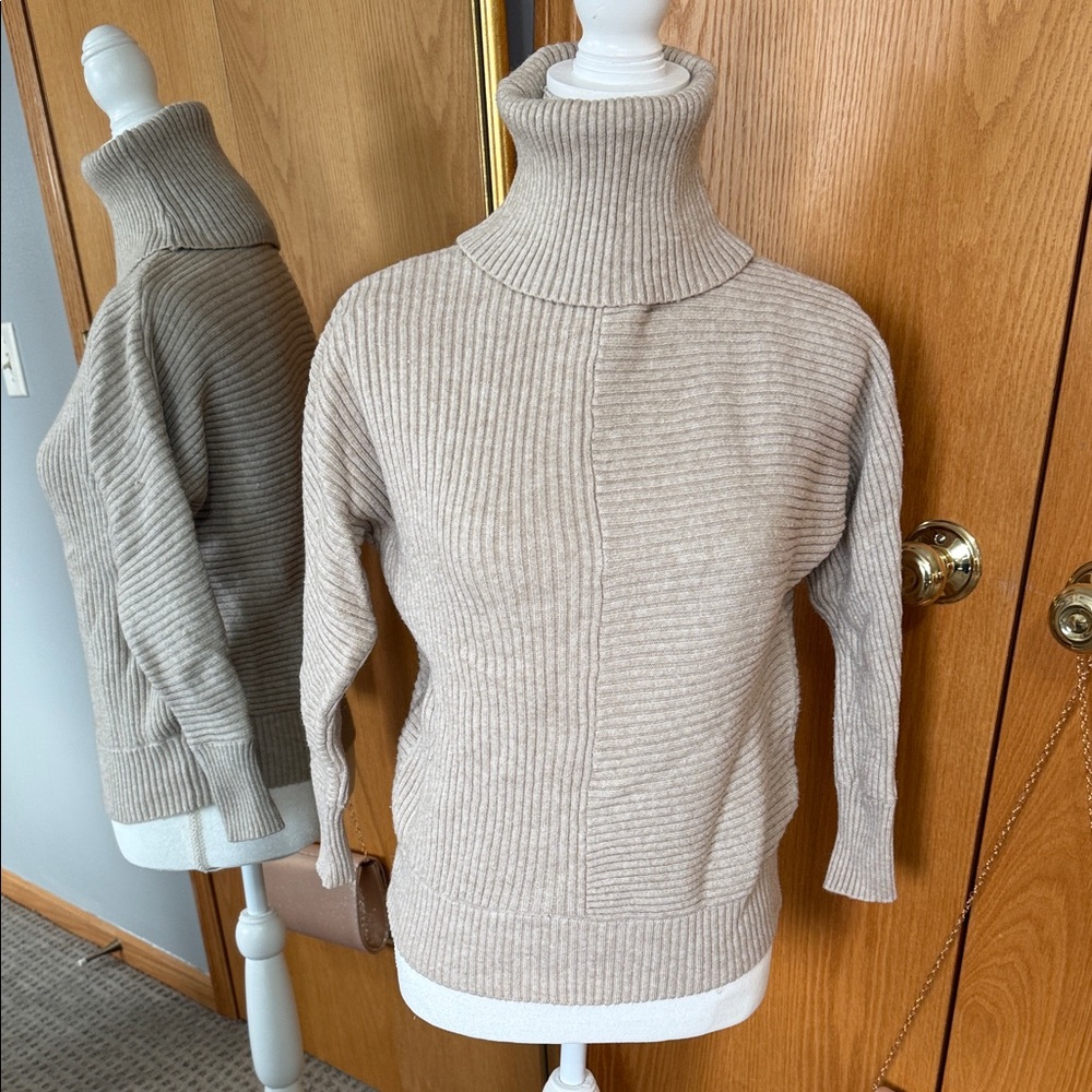 Elegant Beige Ribbed Turtleneck Sweater